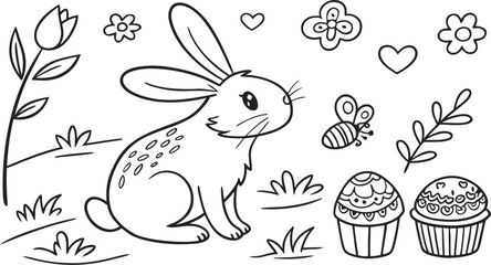 A beautifully crafted set of Easter-themed vector icons, drawn in a simple, hand-drawn black line style,  hand-drawn vector icons with an Easter theme, created in a clean black line art on a white 