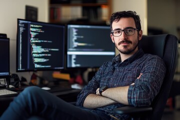Software developer working with multiple monitors