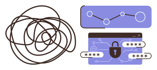 Tangled lines transform into clear paths, graphs, and encrypted data visuals. Ideal for cybersecurity, data analysis, encryption, information protection, system updates, organization simple flat
