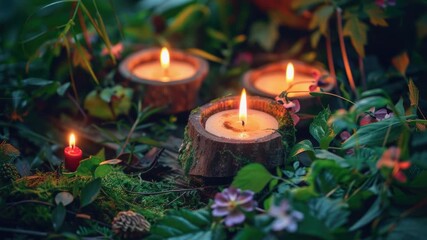 Wall Mural - A group of candles sit atop a lush green field, providing warm light in a serene environment