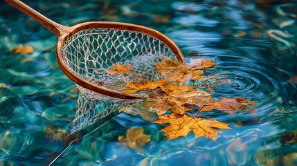 Macro shot of a pool skimmer collecting autumn foliage with vibrant reflections on clear water in a gentle seasonal display