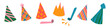© ugguggu - Hand drawn birthday party hats and doodle party blowers horns set vector illustration isolated on transparent background. Childish, kids design elements with colorful dots and stripes