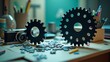 © Nipa gallery - Creative Desk Setup with Gears Camera and Puzzle Pieces Representing Engineering Design and Artistic Inspiration Together on a Workstation
