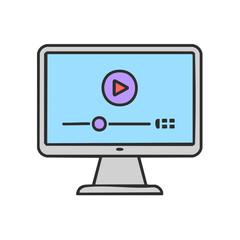 a computer monitor displaying a video player interface, with a play button in the center. it is surr