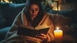 © Roman - Young caucasian woman reading by candlelight at home in cozy blanket
