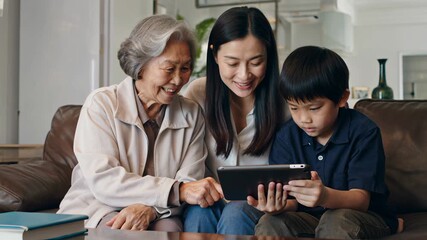 Family bonding moments with grandmother, mother, and son exploring the world together