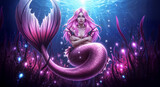 Sad Fantasy Mermaid with Flowing Pink Hair and Iridescent Tail Among Glowing Seaweed in Emotional Underwater Scene 4K Wallpaper