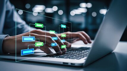 Hands type on a laptop keyboard Digital data streams overlay the screen and hands suggesting innovation connectivity and efficient workflow Futuristic technology concept
