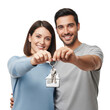 © Camila - A smiling couple holding keys with a house shaped keychain against a black colored background image view on transparent background