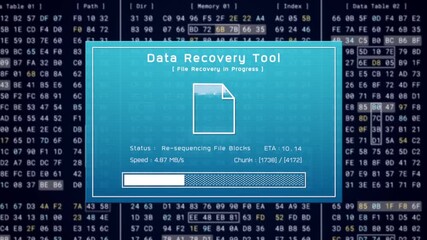 Data recovery process screen on cloud storage server, database protection backup for restore secure file sharing network, cyber security software technology, retro binary computer repair monitor UI