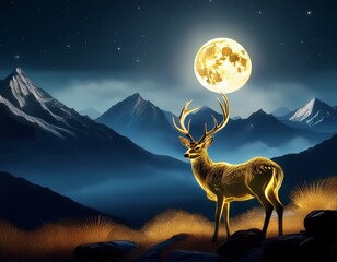 Wall Mural - golden deer silhouetted against a majestic mountain range under a full moon creating a serene nocturnal landscape