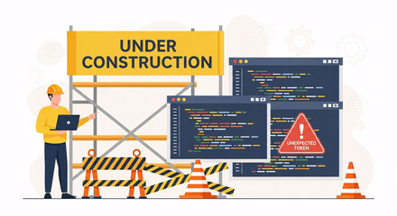 Under Construction Website with Coding Error and Developer Illustration
