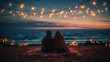 © ShaYan - Romantic beach date night couple watching sunset with string lights photography