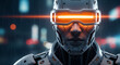 © Tahir Ayoub - Futuristic robot face with glowing visor in a cyberpunk city