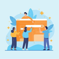 Vector website development team collaboration illustration for web design and programming project success