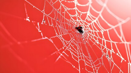 Intricate Dew-Covered Spiderweb on Red Background Macro Photography