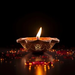 Wall Mural - a close-up, low-angle shot of a lit decorative oil lamp on a reflective surface, ideal for festive v