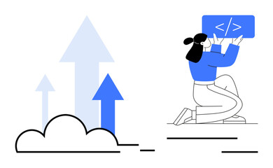 cloud, upward arrows, coding tablet, kneeling woman. ideal for technology, innovation, growth, learn