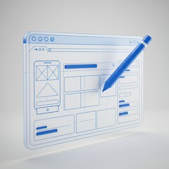 Blue pen writing on a wireframe website design blueprint