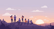 © Graphic Genius - Group of friends enjoying a sunset on a hill outdoor gathering nature scene scenic viewpoint. Vector illustration