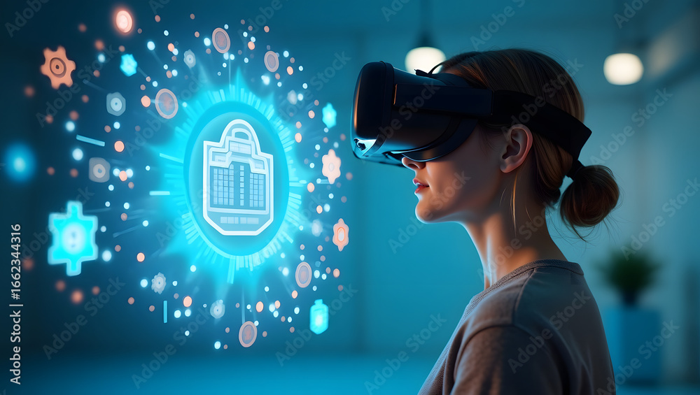 Foto Female exploring virtual reality world with glasses and ...