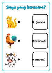  Fun worksheet for kids to learn animal sounds. Children match the animals with the correct sounds, such as cat (meow), rooster (cock-a-doodle-doo), and cow (moo). Perfect for preschool learning.