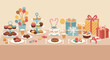 © David - Festive dessert table with colorful treats and gifts birthday celebration indoor setting aerial view joyful atmosphere. Vector illustration