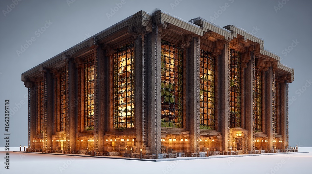 A large, cube-shaped building with a classical facade features large ...