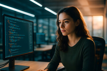 Woman developer coding software on computer screen in modern office job