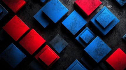 Abstract arrangement of blue and red geometric cubes on black background