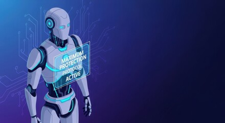 Artificial intelligence humanoid robot illustration, modern protection protocol activated