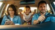 © Ray - Happy family – mom, dad, and daughter – enjoying a road trip. Mom uses her phone, dad drives, and daughter sits between them, smiling. Sunlit car interior.