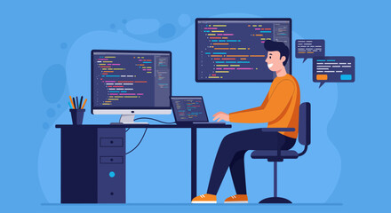 An illustration of a programmer working at a desk with a desktop computer and a laptop