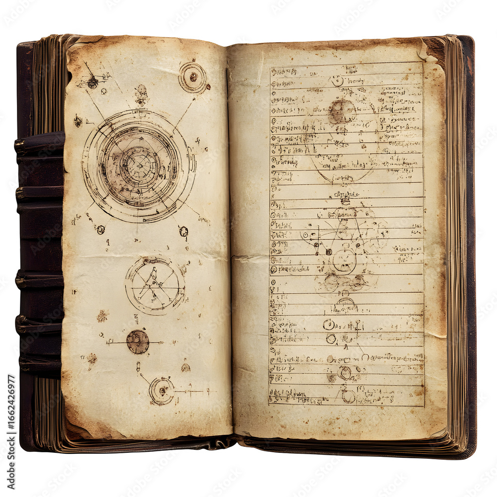 An ancient codex open on weathered pages, revealing intricate diagrams ...