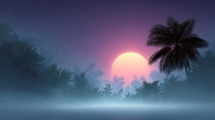 Wall Mural - Silhouetted palm trees and tropical foliage against a vibrant sunset with mist