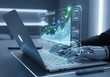 © Ibnu - Robot hands typing on a laptop with a futuristic holographic financial data display.