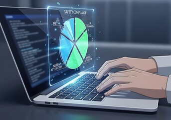 Person's hands typing on a laptop displaying a futuristic interface with data analysis charts and graphs.