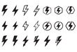 © Pixel Zone - set lightning bolt, thunder symbols set, energy outline solid icons, vector icons, flash thunderbolt symbol collection