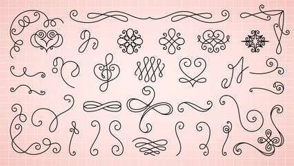 Wall Mural - Collection of decorative flourishes and swirls on a pink background. Elegant swirls and flourishes perfect for design embellishments and decorative accents. Hand drawn ornament vector set.