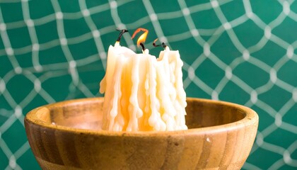Melted candle in wooden bowl