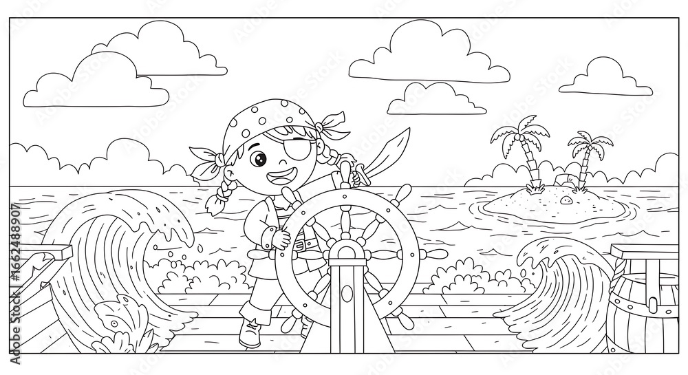 Cartoon Pirate Girl at the Helm with Sword, Tropical Island, and Ocean ...