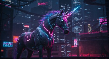 Cyberpunk Unicorn with Glowing Neon Horn and Futuristic City Backdrop