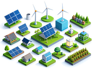 Modern isometric collection of diverse green energy solutions and sustainable urban development elements