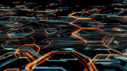 Illustrative technology background image with glowing, futuristic geometric shapes and lines in dark blue and orange tones