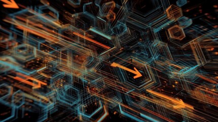 Illustrative technology background image with glowing, futuristic geometric shapes and lines in dark blue and orange tones