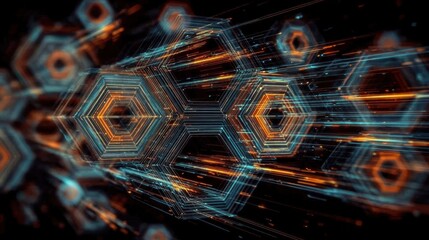 Illustrative technology background image with glowing, futuristic geometric shapes and lines in dark blue and orange tones