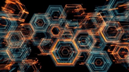 Illustrative technology background image with glowing, futuristic geometric shapes and lines in dark blue and orange tones