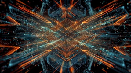 Illustrative technology background image with glowing, futuristic geometric shapes and lines in dark blue and orange tones