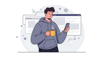 Young man in a hoodie drinking coffee and using a smartphone for browsing social media or working remotely with user interfaces in the background