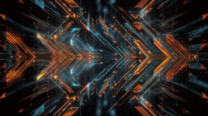 Illustrative technology background image with glowing, futuristic geometric shapes and lines in dark blue and orange tones